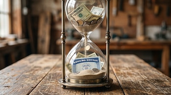 Un reloj de arena sobre una mesa de madera contiene billetes de dólar, monedas y una tarjeta del Seguro Social de Estados Unidos.