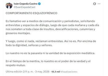 El senador Iván Cepeda expuso su decisión de no aceptar entrevistas en medio de críticas hacia algunos medios - crédito @IvanCepedaCast/X