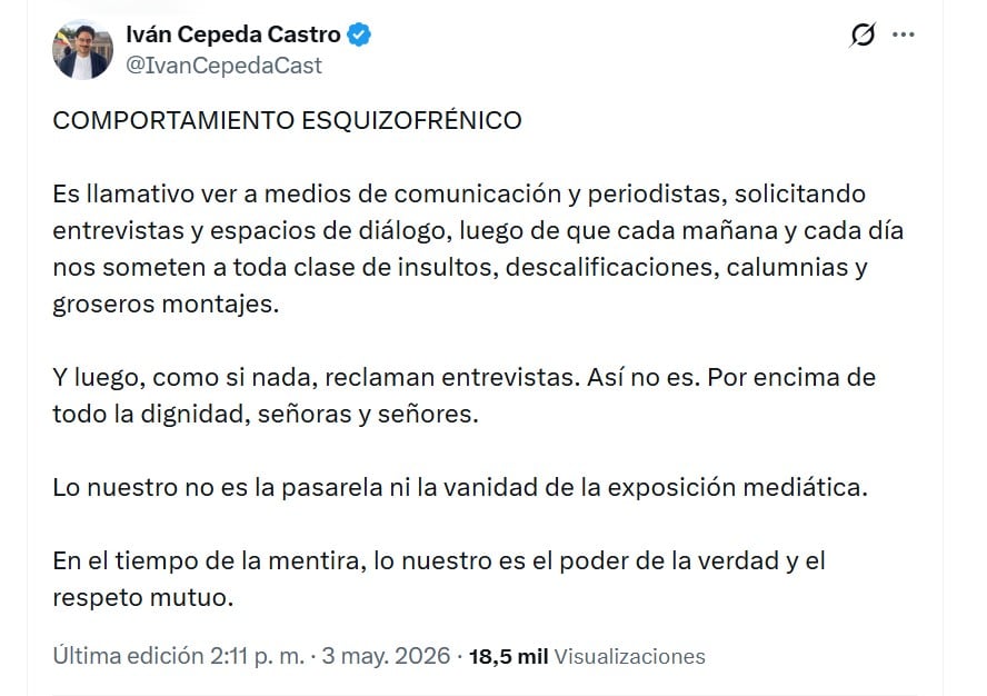El senador Iván Cepeda expuso su decisión de no aceptar entrevistas en medio de críticas hacia algunos medios - crédito @IvanCepedaCast/X