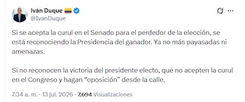 El expresidente insistió en que Iván Cepeda, de aceptar la curul de oposición, estaría reconociendo los resultados electorales - crédito @IvanDuque/X