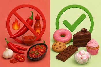 Un símbolo rojo de prohibición junto a chiles y salsas, frente a un círculo verde con una tilde de aprobación rodeado de postres y chocolates.