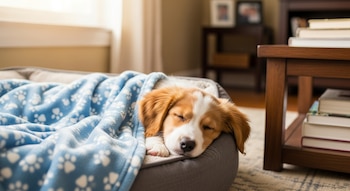 Cachorro marrón y blanco duerme en una cama gris, cubierto con una manta azul de huellas blancas. Fondo de interior con luz natural y una mesa de madera.