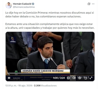 El senador Hernán Cadavid pidió al Congreso priorizar la atención de las personas afectadas por el terremoto de magnitud 7,4 que sacudió San José del Palmar, Chocó - crédito @hernancadavidma/X