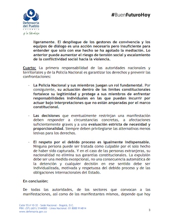 Página de un documento impreso con el logotipo de la Defensoría del Pueblo de Colombia y varios párrafos de texto explicativo