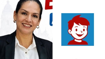 Fotografía de una mujer sonriente con chaqueta negra y blusa blanca junto al logotipo azul con el dibujo de un niño