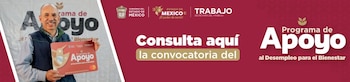 Hombre sonriente sostiene tarjeta roja. Banner del Programa de Apoyo al Desempleo. Logotipos del Gobierno del Estado de México