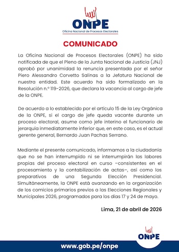 Documento oficial de la ONPE en español, con fondo blanco y texto negro, encabezado por el logo institucional y la palabra "COMUNICADO" en rojo