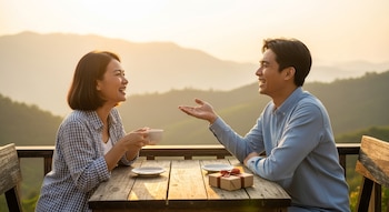 Hombre y mujer asiáticos sonrientes sentados en una mesa de madera con un regalo y una taza de café, con un paisaje montañoso al atardecer de fondo.