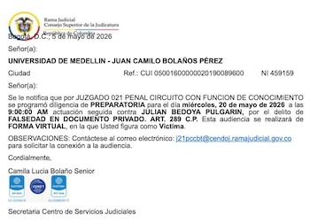 El Juzgado 21 Penal del Circuito con Función de Conocimiento programó para el próximo 20 de mayo de 2026 la audiencia preparatoria de juicio oral contra Julián Bedoya - crédito @CathyJuvinao/X
