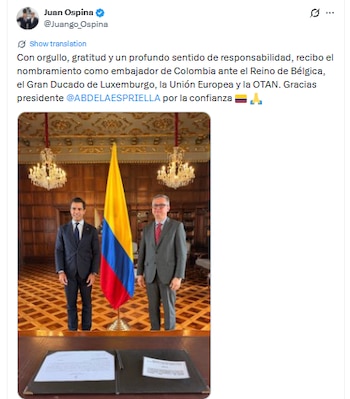 La Cancillería informó que el funcionario buscará reforzar los vínculos diplomáticos y defender los intereses nacionales en el escenario europeo - crédito @Juango_Ospina/X