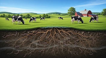 Imagen dividida horizontalmente de una granja lechera con vacas pastando en un campo verde bajo un cielo azul, y debajo, un corte del suelo con raíces y lombrices.