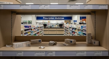 Estantería de farmacia con algunos paquetes de medicamentos y papeles. Al fondo se observan pasillos de una farmacia con el cartel "Prescription Medicines".