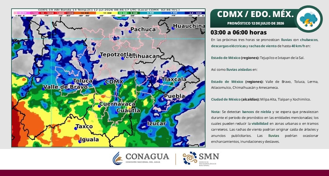 El Servicio Meteorológico Nacional ilustra el pronóstico de lluvias, chubascos, descargas eléctricas y rachas de viento para la Ciudad de México y el Estado de México, con validez de 03:00 a 06:00 horas del 12 de julio de 2026. (X: Conagua clima)