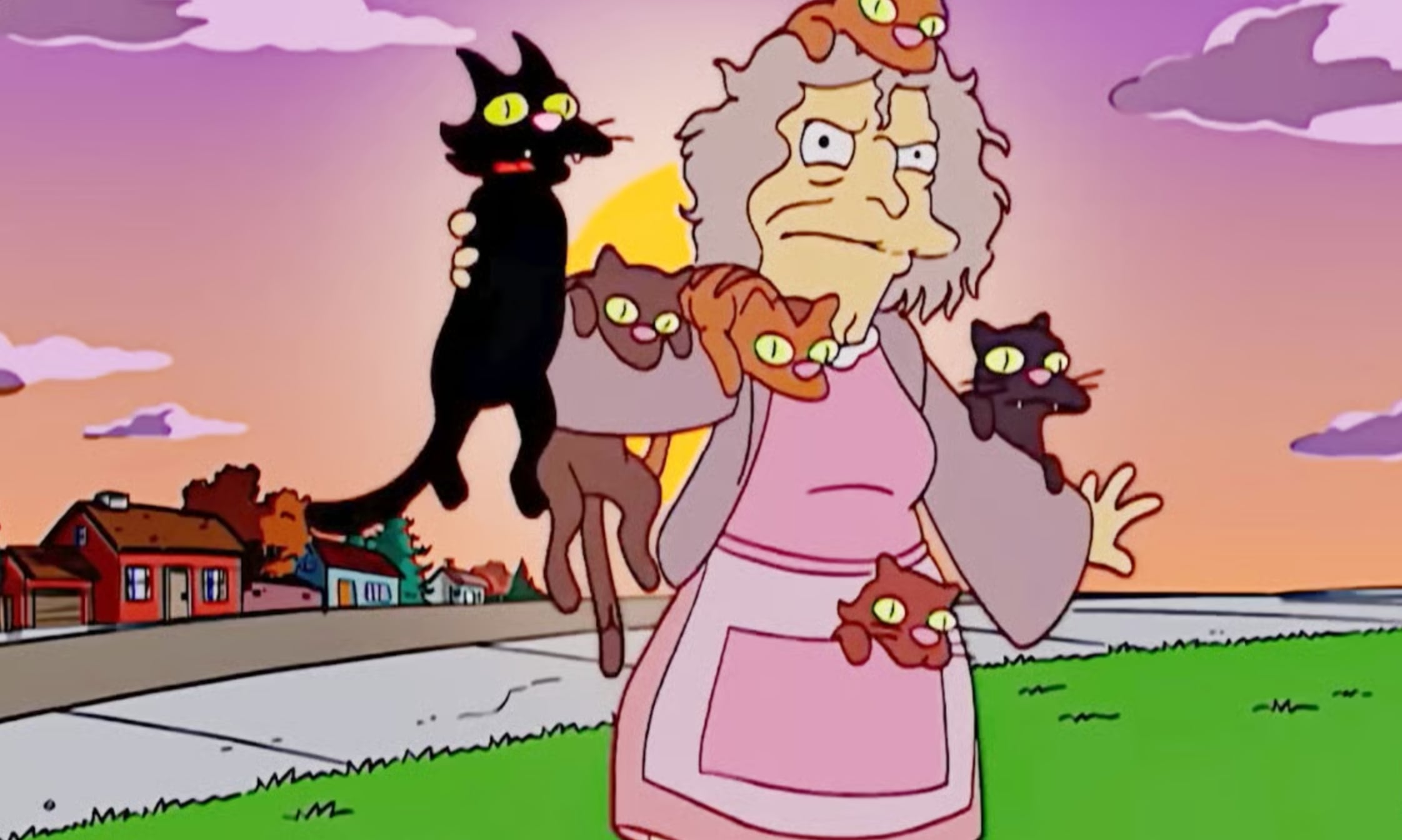 Eleanor Abernathy, conocida como la “loca de los gatos” en Los Simpson, aparece como un personaje recurrente que refuerza el estereotipo: una mujer desaliñada que suele cargar muchos gatos y a veces los arroja o grita frases incoherentes. (The Simpsoms)