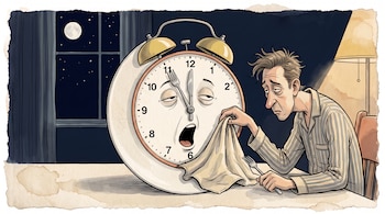 Hombre en pijama sentado a la mesa frente a un reloj despertador con rostro cansado y manecillas de cubiertos junto a una ventana nocturna.