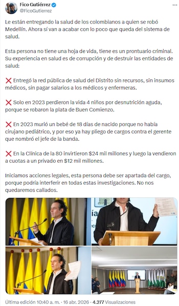 Federico Gutiérrez acusó a Daniel Quintero de corrupción y exigió frenar su nombramiento en Supersalud - crédito @FicoGutierrez/X