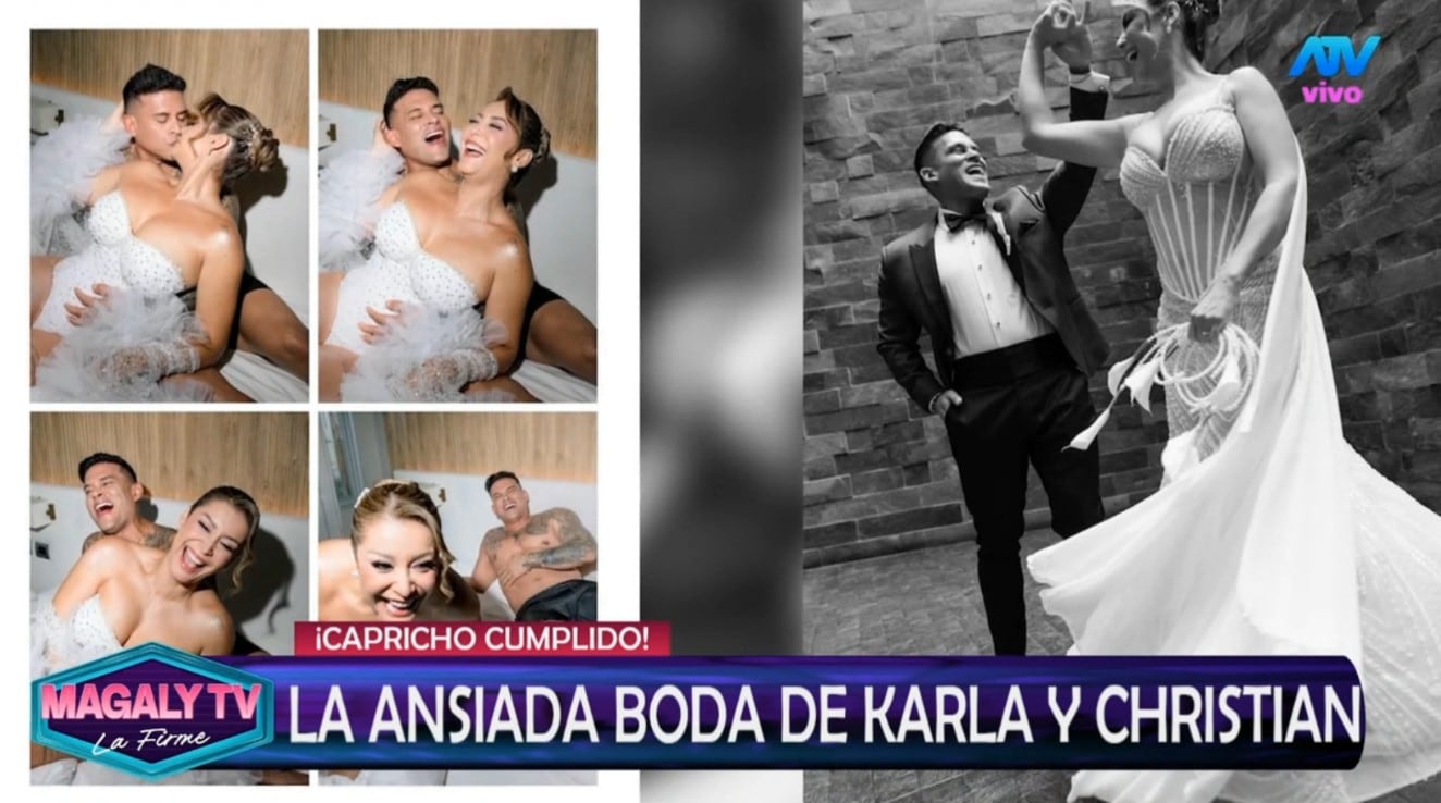 Magaly cuestiona fotos de boda de Karla Tarazona y Christian: “Se olvidaron de lo romantic chic”. Captura: Magaly TV La Firme.