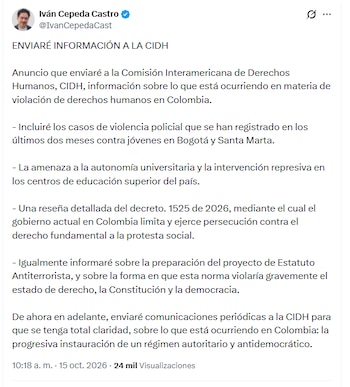 El senador de la República por el Pacto Histórico también prevé comunicar sobre la autonomía universitaria y las intervenciones en centros de educación superior - crédito @IvanCepedaCast/X