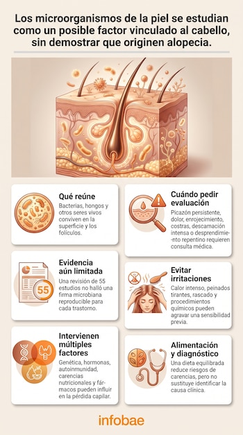 Diagrama de piel y folículo piloso con microorganismos, seis recuadros informativos con iconos y el logotipo de Infobae.