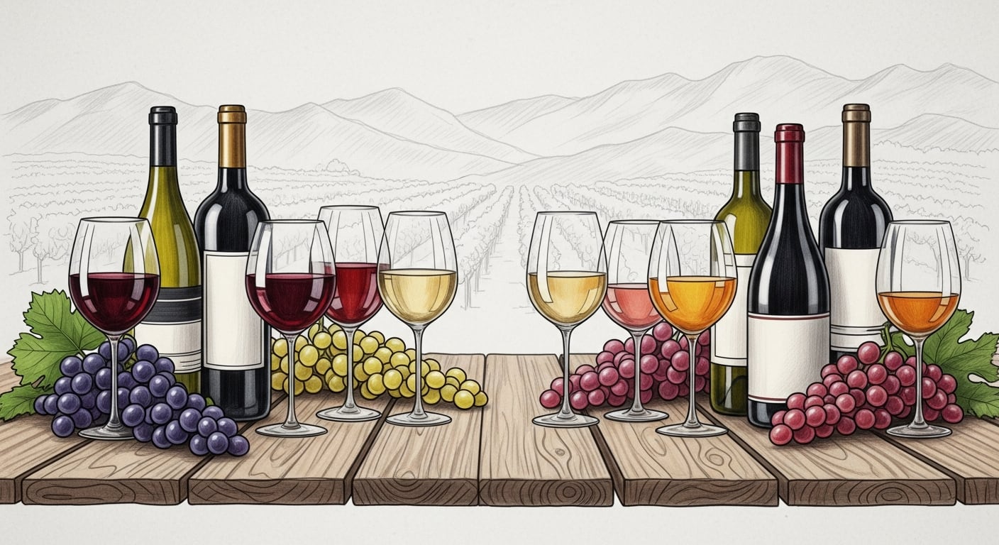 Una ilustración estilo lápiz a mano alzada muestra una mesa rústica con diversas copas y botellas de vino tinto, blanco, rosado y naranja, acompañadas de uvas de distintas variedades, con un fondo de viñedos y montañas dibujados. (Imagen Ilustrativa Infobae)