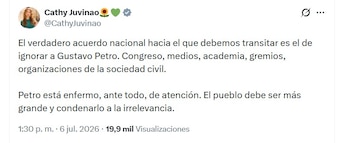 Cathy Juvinao aseguró que la mejor forma de garantizar una transición institucional es ignorar las declaraciones del presidente saliente y concentrar los esfuerzos en el nuevo Gobierno - crédito @CathyJuvinao/X