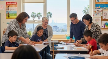 Múltiples maestros se inclinan sobre los pupitres para ayudar a niños que escriben en sus cuadernos en un aula bien iluminada con vista a Los Ángeles.