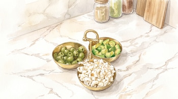 Ilustración en acuarela de un recipiente con aceitunas verdes, trozos de palta y palomitas de maíz sobre una encimera de mármol.