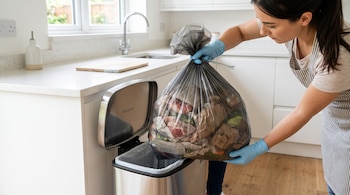 Una mujer con guantes azules coloca una bolsa de basura negra en un basurero metálico dentro de una cocina blanca.