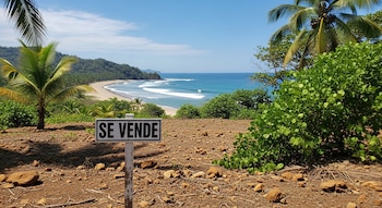 Un letrero blanco con las palabras "SE VENDE" en letras negras se erige en un terreno árido, con palmeras, vegetación y una playa con el mar al fondo.