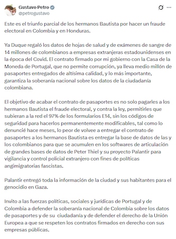 El exjefe de Estado señaló que la decisión del Tribunal Administrativo de Cundinamarca está ligada a las acciones de Thomas Greg & Sons en el presunto fraude electoral que denunció - crédito @petrogustavo/X
