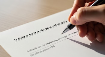 Una mano sujeta un bolígrafo negro y escribe sobre un documento de papel blanco que dice "Solicitud de trabajo para extranjero" sobre una mesa de madera clara.