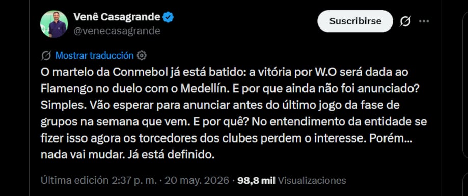 La Conmebol le daría los tres puntos a Flamengo y declararía a Medellín perdedor por desmanes de hinchas - crédito @venecasagrande/X