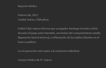 Reporte médico de FC Juárez