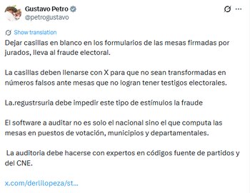 El presidente Gustavo Petro también pidió que las actas no presenten espacios en blanco para evitar el fraude - crédito captura de pantalla / Gustavo Petro / X