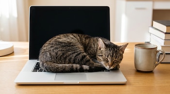 Gato atigrado durmiendo sobre una laptop plateada abierta en un escritorio de madera, junto a una taza beige y una pila de libros.