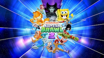 Arte promocional del videojuego Nickelodeon All-Star Brawl 2 con personajes como Bob Esponja, Garfield, Aang, Raphael y Danny Phantom sobre un fondo azul