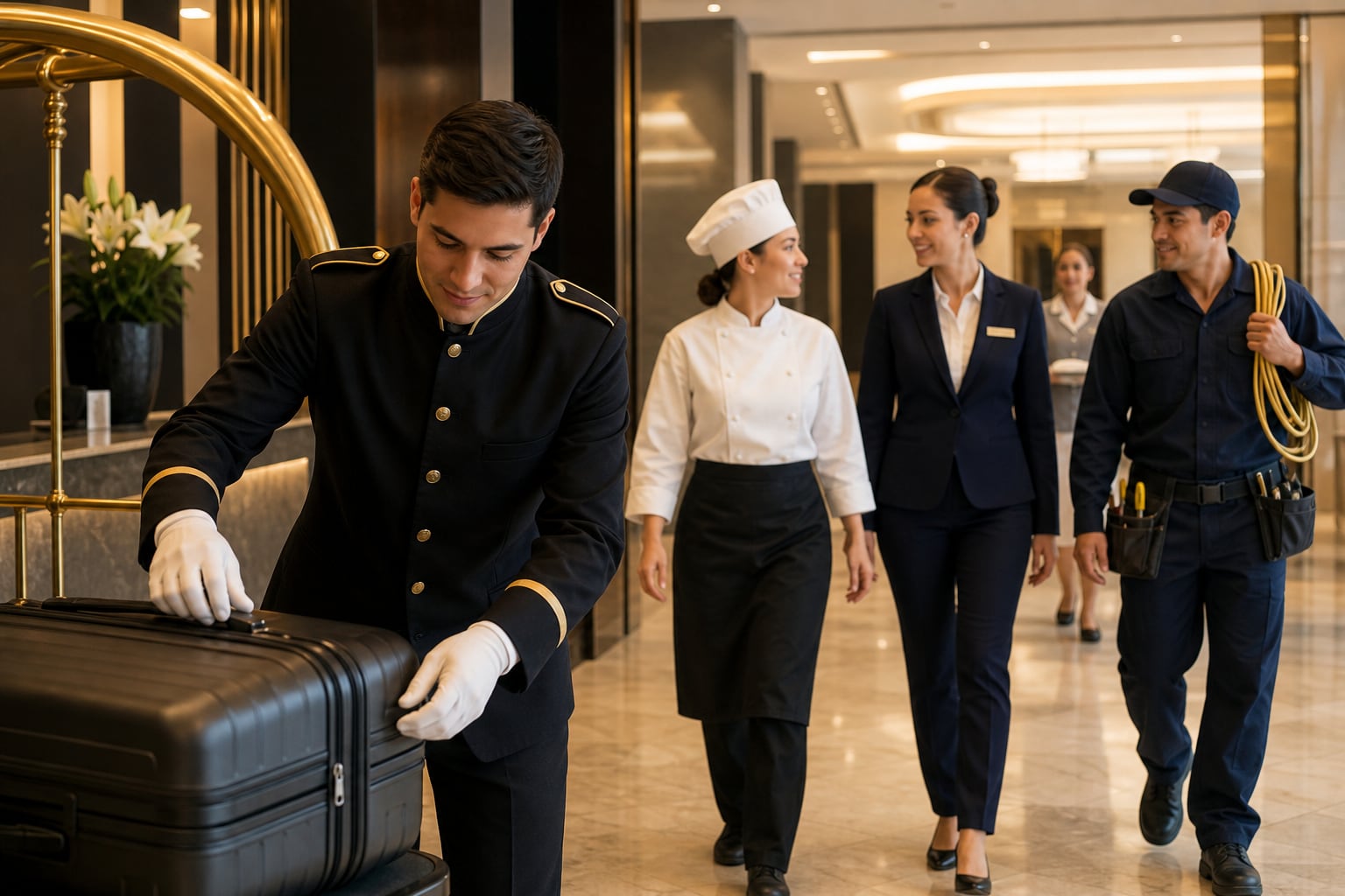 Un botones acomoda un equipaje en el vestíbulo de un hotel mientras personal de cocina, recepción y mantenimiento camina por el lugar, como testimonio de los empleos que ofrece la hotelería. (Imagen Ilustrativa Infobae)