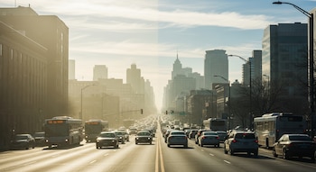 Vista frontal de una calle urbana con abundante tráfico de coches y autobuses. El aire presenta una ligera neblina, y edificios se elevan a los lados y al fondo.