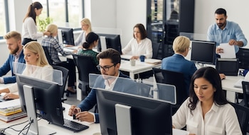 Personas sentadas en un espacio de oficina con computadoras, escritorios y divisores transparentes. Un hombre tritura papeles y otro sostiene un candado.