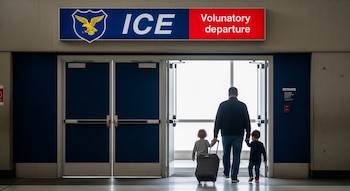 Familia de espaldas, con un adulto y dos niños, cruza una puerta de aeropuerto bajo un letrero de ICE que indica "Voluntary departure".