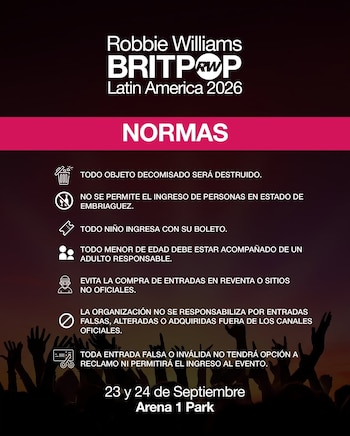 Afiche digital con el título Normas, iconos descriptivos, texto explicativo y el logotipo del concierto de Robbie Williams sobre fondo oscuro