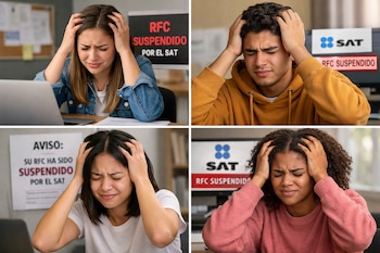 Collage de cuatro imágenes. Tres mujeres y un hombre con manos en la cabeza. Pantallas o avisos indican 'RFC SUSPENDIDO POR EL SAT'.