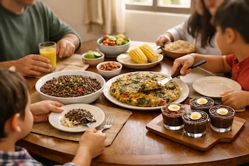 Una mesa de madera con platos de lentejas, una tortilla, mazorcas de maíz, ensalada, vasos de postre, un vaso de zumo y varias personas sirviendo comida.