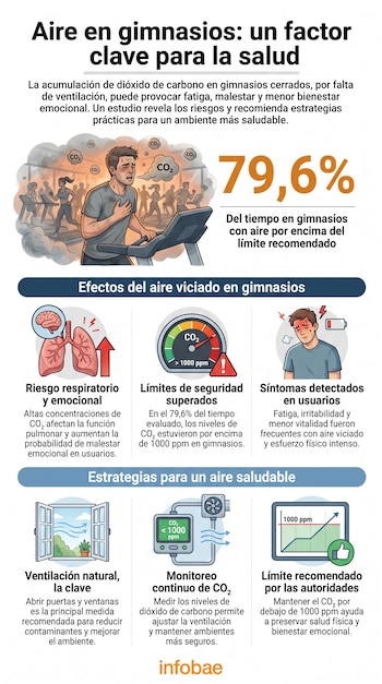 Infografía sobre el aire en gimnasios con ilustraciones de personas ejercitándose, un medidor de CO2, pulmones, cerebro y una ventana abierta.