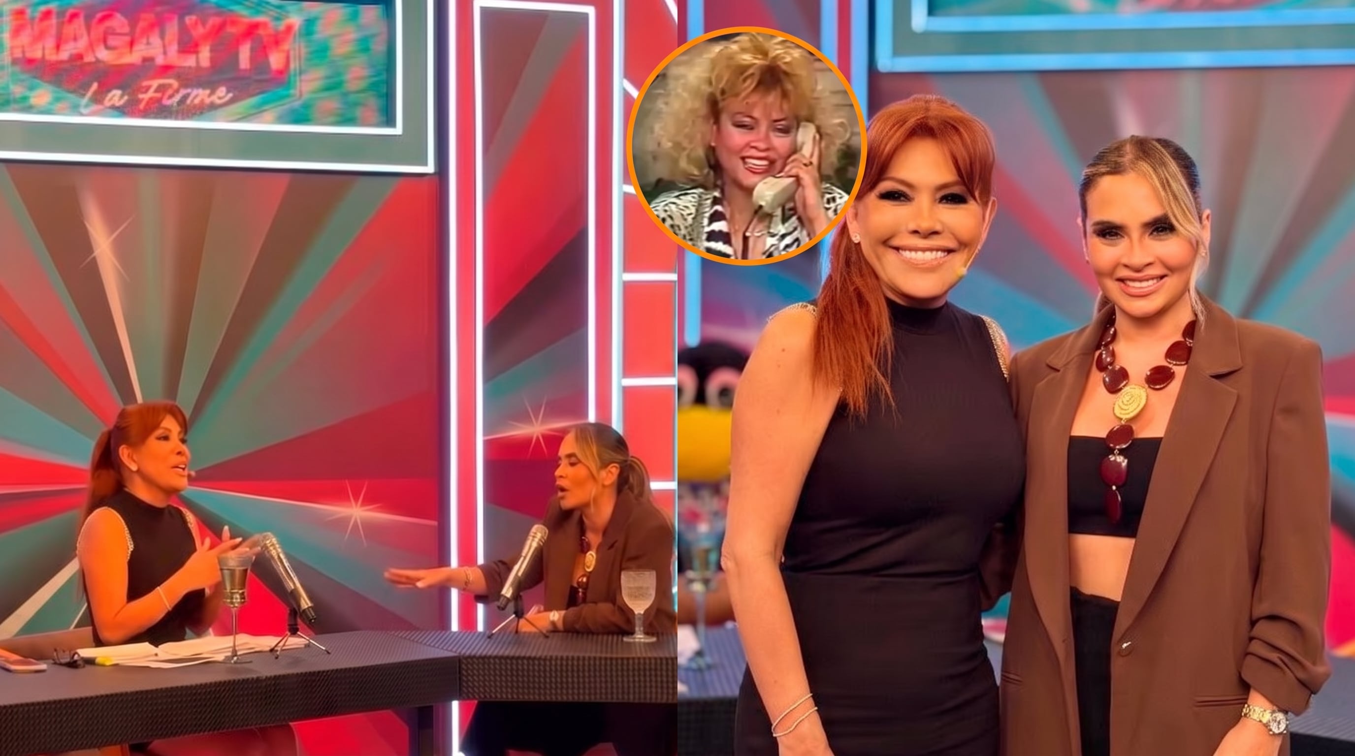 Las presentadoras Magaly Medina y Ethel Pozo aparecen en un programa de televisión, junto a una imagen retrospectiva de Medina. (Imagen Ilustrativa Infobae)