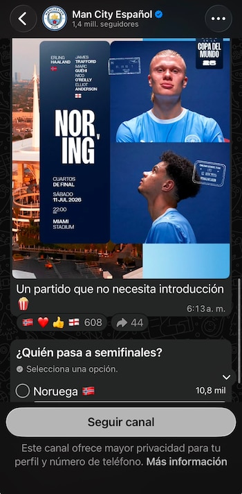 En este canal, los usuarios se pueden enterar de actualizaciones en español del Manchester City. (WhatsApp)