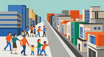 Ilustración plana de una ciudad mexicana dividida por un muro. Familias diversas intentan cruzar hacia edificios modernos con carteles de 'se vende' o 'se renta', mostrando frustración.