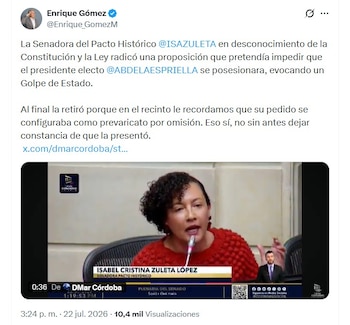 El senador Enrique Gómez respondió a las críticas y aseguró que la postura de Zuleta buscaba impedir la posesión del presidente electo mediante argumentos que, según él, no tienen respaldo constitucional - crédito @Enrique_GomezM/X