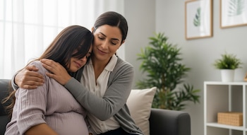 Una mujer abraza a otra mujer embarazada sentada en un sofá gris. La mujer que abraza lleva un cárdigan gris y la embarazada una blusa lila.