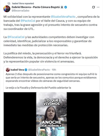 El representante a la Cámara Gabriel Becerra también se solidarizón con Vera - crédito @BecerraGabo/X